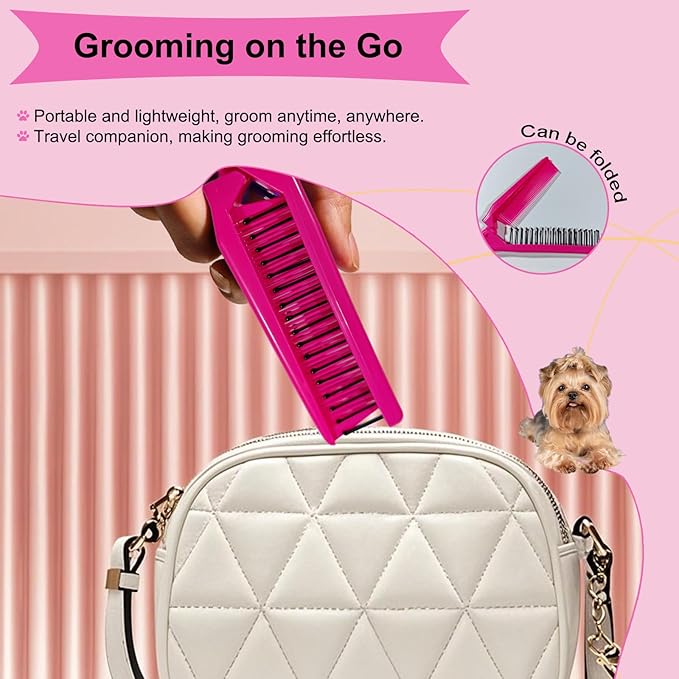 Folding Small Dog Grooming Brush - Perfect for Shih Tzus, Yorkies, and Maltipoos - Ideal Puppy Hair Brushes for Maltese and Small Breeds (Rose Red)