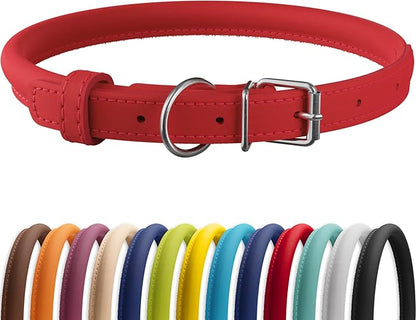 CollarDirect Rolled Leather Dog Collar, Soft Padded Round Puppy Collar, Handmade Genuine Leather Collar Dog Small Large Cat Collars 13 Colors (13-16 Inch, Red Smooth)
