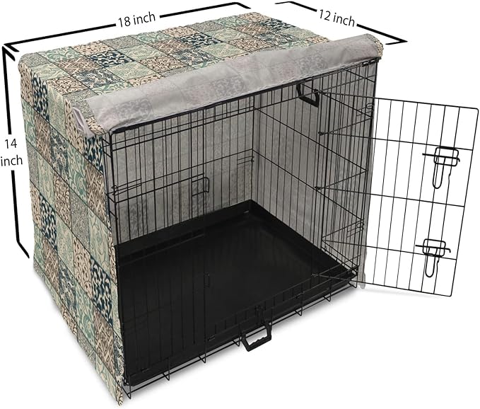 Lunarable Geometric Dog Crate Cover, Antique Mosaic with Victorian Garden Motifs Damask and Scroll Flower, Easy to Use Pet Kennel Cover for Small Dogs Puppies Kittens, 18 Inch, Seafoam Brown Dark Blue