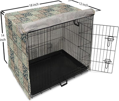 Lunarable Geometric Dog Crate Cover, Antique Mosaic with Victorian Garden Motifs Damask and Scroll Flower, Easy to Use Pet Kennel Cover for Small Dogs Puppies Kittens, 18 Inch, Seafoam Brown Dark Blue