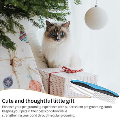 Pet Comb for Dogs and Cats - 2-in-1 Design with Wide & Narrow Teeth, Stainless Steel Round Ends for Safe Detangling, Non-Slip Handle, Removes Knots, Mats, Tangles, and Loose Fur