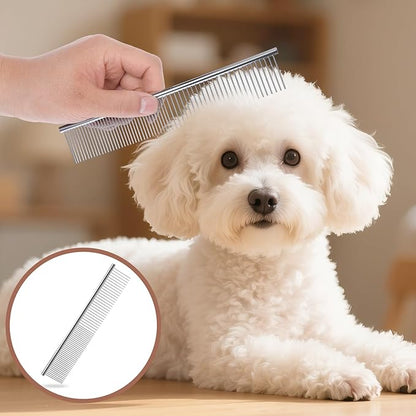 Stainless Steel Pet Grooming Comb with Rounded Ends, Metal Dog Combs for Grooming Matting Professional Dog Groomings Comb Detangler Deshedding Brush for Long Short Haired Dogs and Cats (7.4 Inches)