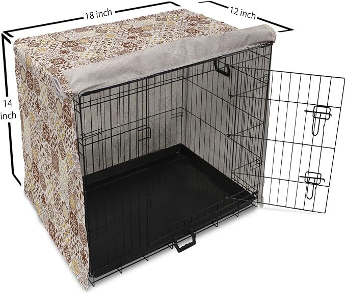 Lunarable Ethnic Dog Crate Cover, Portuguese Azulejo Mosaics with Floral Scrolls Retro Mediterranean, Easy to Use Pet Kennel Cover for Small Dogs Puppies Kittens, 18 Inch, Chocolate Earth Yellow