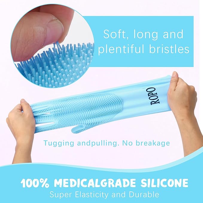 ROPO silicone gloves for pet grooming, multi-functional gloves for pet hair shedding, bathing, and massage (Blue)