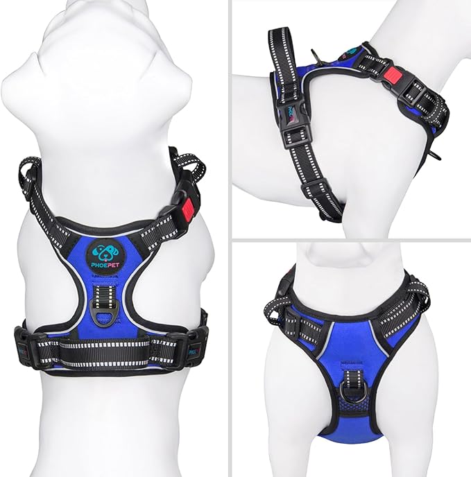 PHOEPET No Pull Dog Harness Medium Reflective Front Clip Vest with Handle,Adjustable 2 Metal Rings 3 Buckles,[Easy to Put on & Take Off](XL, Royal Blue)