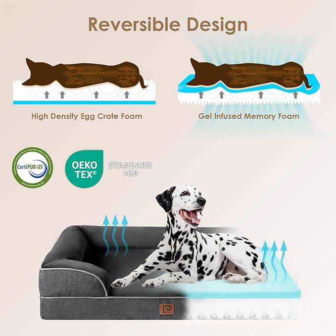 EHEYCIGA Orthopedic XL Dog Beds, Waterproof Memory Foam Dog Bed for Extra Large Dogs, Non-Slip Bottom and Egg-Crate Foam Big Dog Couch Bed with Washable Removable Cover, Dark Grey