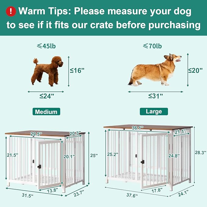 Heavy Duty Dog Crate Furniture, Fully Assembled exc. Locks, All Metal Frame & Wooden Tabletop, Modern Kennel for Small Dog, End Table, Sturdy, Foldable, White/Rustic Brown