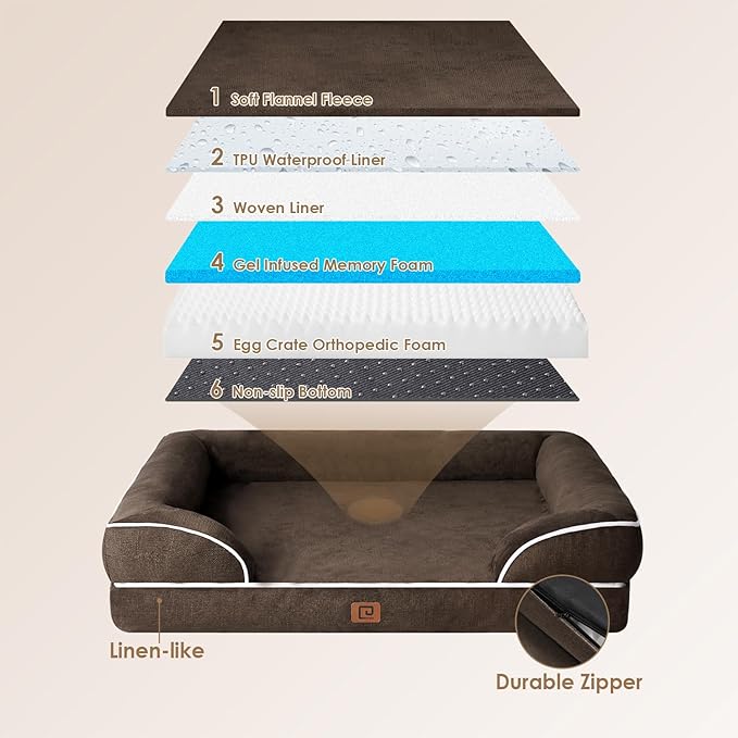 EHEYCIGA Orthopedic Dog Bed for Medium Dogs, Waterproof Memory Foam Medium Dog Beds with Sides, Non-Slip Bottom and Egg-Crate Foam Medium Dog Couch Bed with Washable Removable Cover, Brown