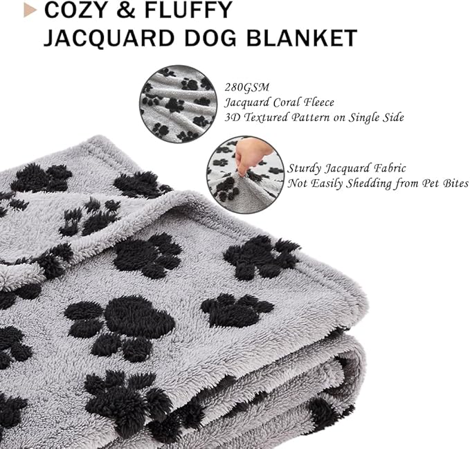 Qeils Jacquard Dog Blankets for Large Dogs, Cozy Calming Pet Blanket Washable for Couch Protection, 280GSM Coral Fleece Plush Fluffy Throw Blanket, Black Paws, 50x60IN
