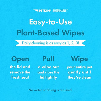 Petkin Plant-Based PetWipes, 200 Wipes - Biobased, Sustainable, Big & Thick Pet Wipes for Dogs & Cats - for Face, Paws, Ears, Body & Eye Area - Consciously Cleans & Conditions - Vanilla