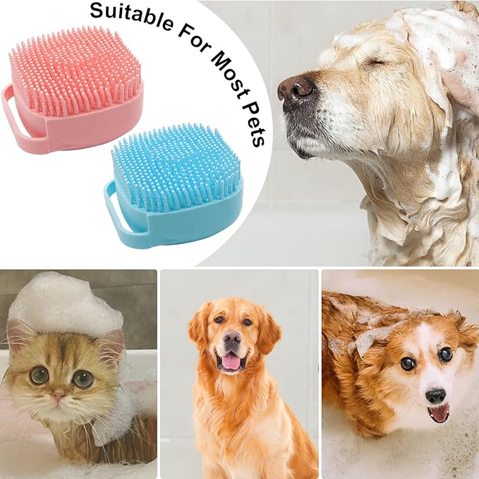 Pet Bath Brush Scrubber, Soft Silicone Shampoo Dispenser with Shower Grooming & Adjustable Ring Handle for Short/Long Haired Dogs and Cats, Pink+Blue 1PCS