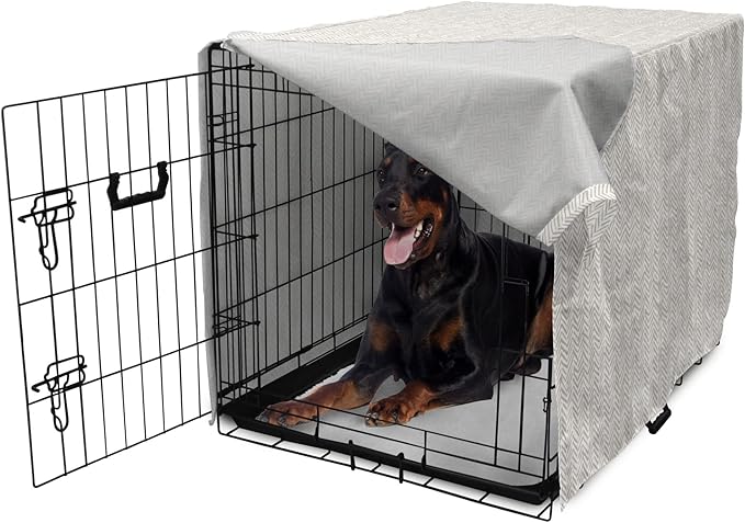 Lunarable Chevron Dog Crate Cover, Hand Drawn Monochrome Herringbone Lines Composition of Abstract Zigzags, Easy to Use Pet Kennel Cover for Medium Large Dogs, 42 Inch, White Beige
