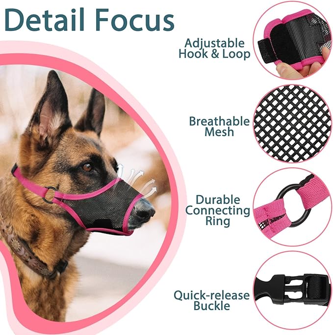 LUCKYPAW Dog Muzzle, Mesh Dog Muzzle for Large Medium Small Dogs, Soft Muzzles for Biting Chewing Fierce Barking, Breathable Muzzle with Adjustable Strap for Training (Hot Pink, L(Snout:9.75"-11"))