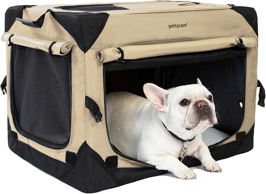 Pettycare 26 Inch Collapsible Dog Crate with Curtains Travel Dog Crate for Airflow and Calm Soft Pet Kennel with Portable Bag and More Chew Proof Mesh Indoor & Outdoor Beige 4 Door Curtains