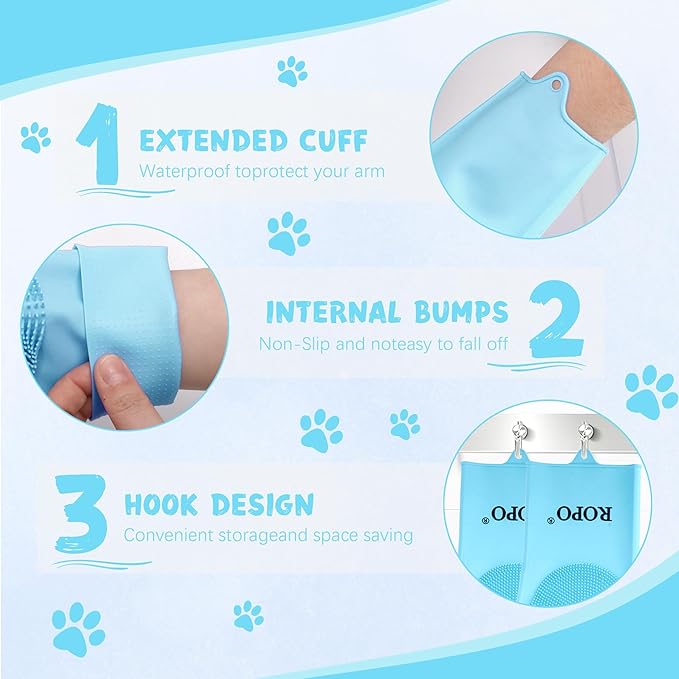 ROPO silicone gloves for pet grooming, multi-functional gloves for pet hair shedding, bathing, and massage (Blue)