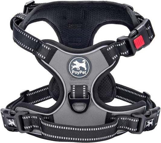 PoyPet No Pull Dog Harness, No Choke Front Lead Dog Reflective Harness, Adjustable Soft Padded Pet Vest with Easy Control Handle for Small to Large Dogs(Grey,XS)