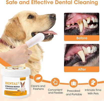 Teeth Cleaning Finger Wipes for Dogs & Cats, Reduces Plaque & Tartar, Freshens Breath, Pre-Soaked Pet Teeth Wipes, Easy to Use Disposable Dental Cleaning Pads, 100 Count, Chicken Flavor