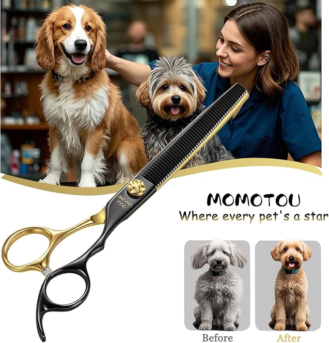 Black & Gold Professional Thinning Dog Grooming Scissors with Decorative Screw Sharp and Durable Japanese 440C Stainless Steel Pet Cat Texturizing Thinner Shears with Safe Round Tip 7.5''