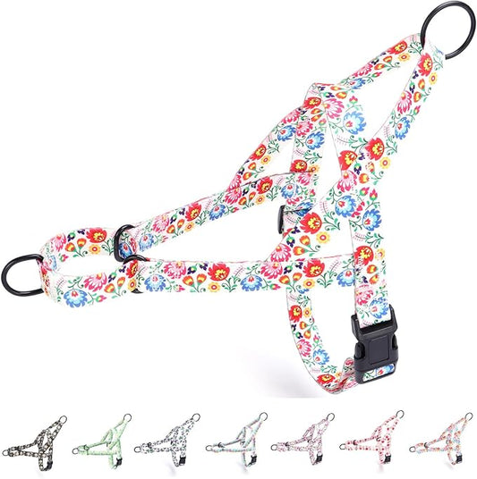 No Pull Dog Harness for Small, Medium, and Large Pets - Floral Pattern Nylon Safety Training Dog Harness (XS, White)
