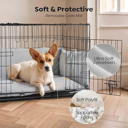 Veehoo 30 inch Dog Crates for Medium Dogs with Bumper-Three Doors Folding Metal Wire Dog Crate Cage Kennel, Indoor Outdoor Medium Dog Crate Kennels with Plastic Leak-Proof Tray-Portable Pet Kennel Kit