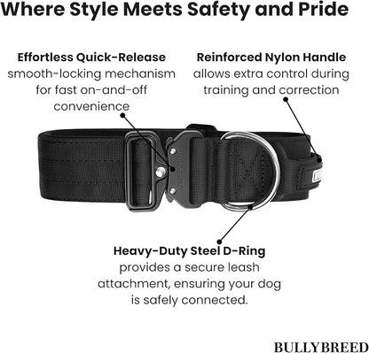 BULLYBREED Premium Dog Colar with Handle, Heavy Duty Dog Collar, Tactical Dog Collar, Quick-Release Metal Buckle, Puppy Collar, Dog Collar for Small Dogs, Dog Collar for Medium Dogs (Black, Small)