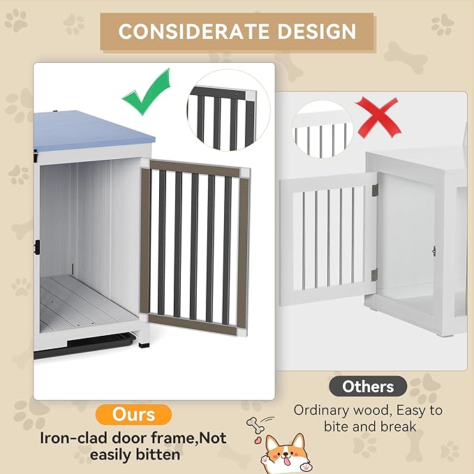 33in Furniture Dog Crate, Large/Medium Dog Crate End Table, Solid Wood Portable Foldable Indoor, No Assembly Needed (White and Blue)