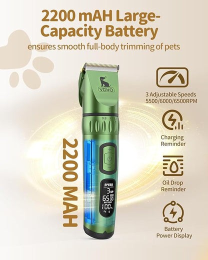 Vovo Dog Hair Clippers 3-Speed Heavy Duty Cordless Electric Dog Grooming Kit (Green)