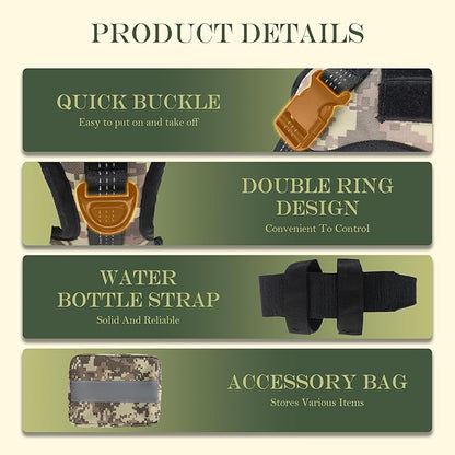 Tactical Dog Harness, Heavy Duty Dog Harness,Adjustable Breathable Pet Harness with MOLLE Panel, Small Pouch, and Bottle Holder,for Medium Dogs, Camouflage M