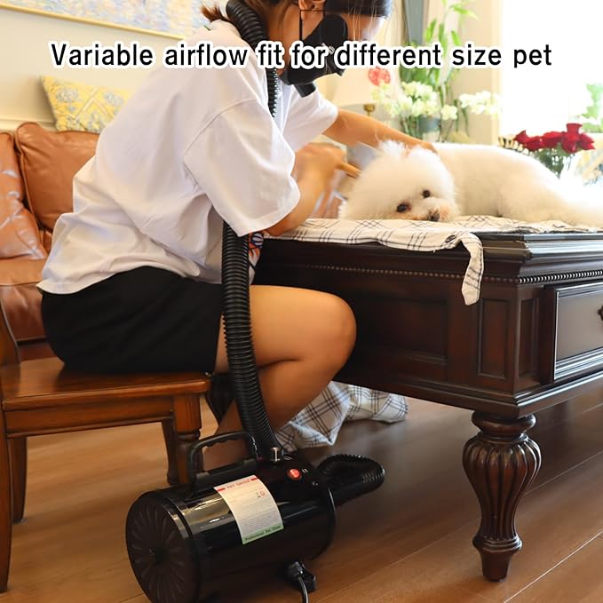 Rovitta Dog Dryer, Dog Blow Dryer, High Velocity Professional Pet Grooming Dryer for Large Dogs, Adjustable Temperature and Speed, 4 Different Exhaust Nozzles, Anti-hot Grip, with Brush