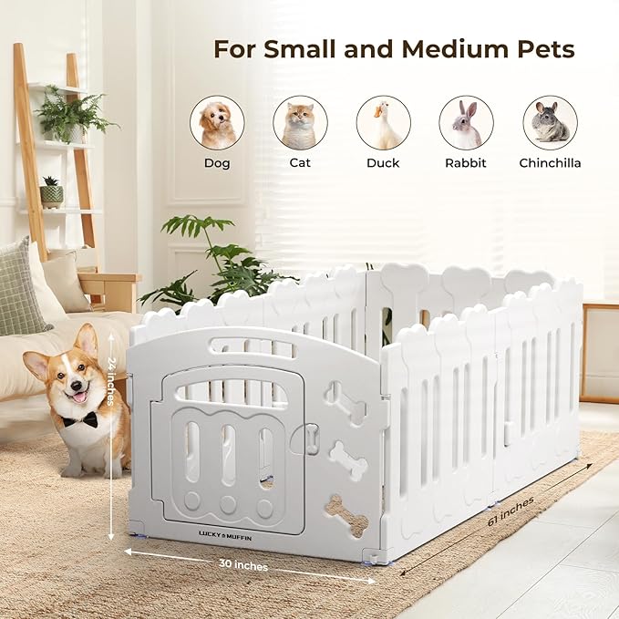 Dog Playpen with Door & Whelping Box, 8-Panel Lightweight Plastic Fence for Small to Medium Pets, Indoor/Outdoor Use, Portable, Durable (White 8-Panels, Regular, 8 Panels with Door)