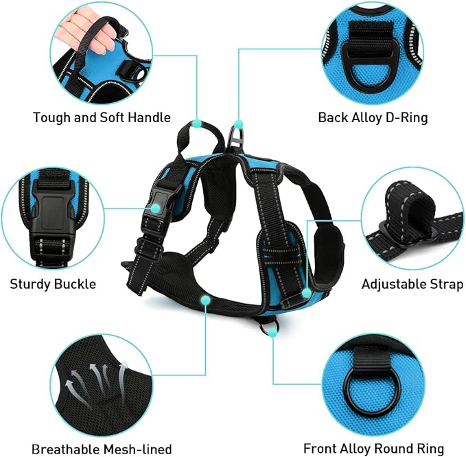 Joytale No Pull Dog Harness for Large Dogs, Reflective Pet Vest with Front Clip, Adjustable Soft Padded Harnesses with Easy Control Handle for Training and Walking, Sky Blue, L