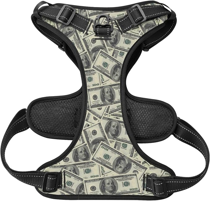 No Pull Dog Harness for Medium Dogs Easy Walk Dog Vest Adjustable Collars Harnesses & Leashes Set Breathable Oxford Outdoor Walking Safety Reflective Strip Dollar Cash Prints