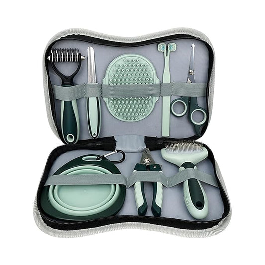 8 Pcs Pet Grooming Kit, Cat Dog Brush, Nail Clipper, Deshedding Brush, Undercoat Rake, Pet Shampoo Bath Brush, Toothbrush, Collapsible Bowl