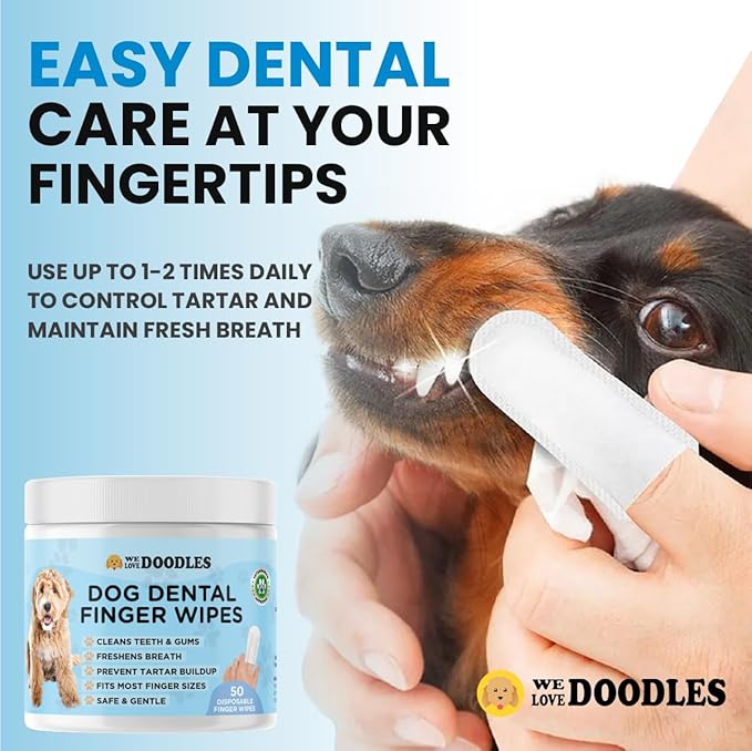 We Love Doodles 50 pcs Dog Teeth Cleaning Wipes & 150 pcs Dog Eye Wipes Bundle - Pet Dental Finger Wipes for Dogs, Freshens Breath Dog Dental Wipes, Pet Eye Wipes Pads & Safe Dog Eye Cleaner