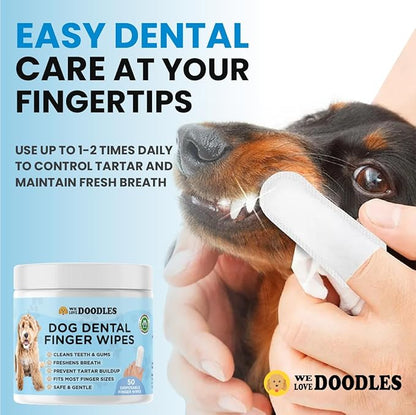 We Love Doodles 50 pcs Dog Teeth Cleaning Wipes & 150 pcs Dog Eye Wipes Bundle - Pet Dental Finger Wipes for Dogs, Freshens Breath Dog Dental Wipes, Pet Eye Wipes Pads & Safe Dog Eye Cleaner