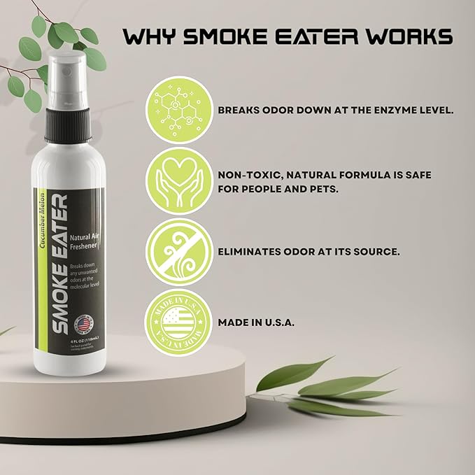 Smoke Eater All Purpose Odor Eliminator - Breaks Down Foul Scents at the Molecular Level - Smoke, Food, Pet and Stale Odor - Ideal For The Home, Apartment Cars, Boats - 4 oz Travel Bottle (Cucumber