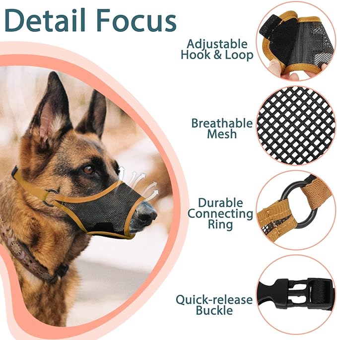 LUCKYPAW Dog Muzzle, Mesh Dog Muzzle for Large Medium Small Dogs, Soft Muzzles for Biting Chewing Fierce Barking, Breathable Muzzle with Adjustable Strap for Training (Brown, M(Snout:8.75"-9.5"))