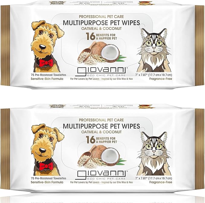 GIOVANNI Multipurpose Pet Wipes, Pack of 75 – Oatmeal & Coconut Helps Neutralizes Odors (Pack of 2)