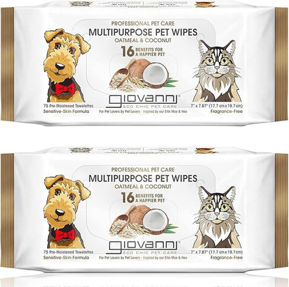 GIOVANNI Multipurpose Pet Wipes, Pack of 75 – Oatmeal & Coconut Helps Neutralizes Odors (Pack of 2)