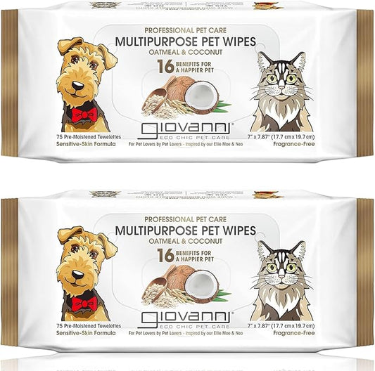 GIOVANNI Multipurpose Pet Wipes, Pack of 75 – Oatmeal & Coconut Helps Neutralizes Odors (Pack of 2)