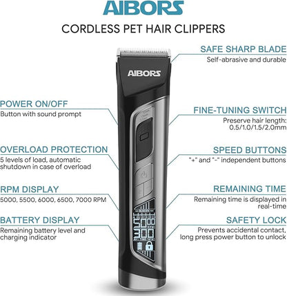 Dog Clippers for Grooming - 5 Speeds Quiet Dog Trimmer Grooming Kit for Thick Heavy Coats Dog Hair Clippers for Pets Cordless Rechargeable Dog Shaver for Small and Large Dogs Cats Animals