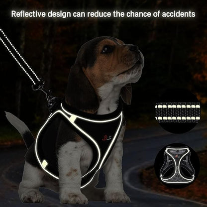 Step-in Air Dog Harness and Dog Leash- All Weather Mesh Step in Vest Harness for Small and Medium Dogs, Reflective Harness and 5FT Leash for Confident Walking at Night (Black,X-Large)