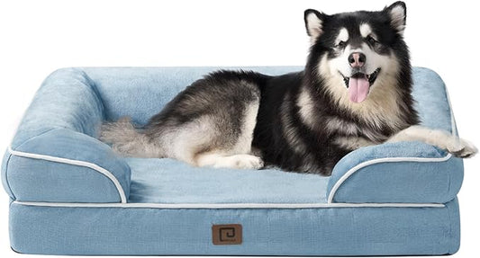 EHEYCIGA Orthopedic Dog Beds for Extra Large Dogs, Waterproof Memory Foam XXL Dog Bed with Sides, Non-Slip Bottom and Egg-Crate Foam Big Dog Couch Bed with Washable Removable Cover, Washed Blue