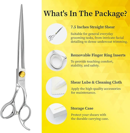 Dog Grooming Scissors, 7.5" Straight Shears, Premium Stainless Steel, Safety Rounded Tip & Offset Handles for Precision Trimming Dogs, Cats, Pet at Home