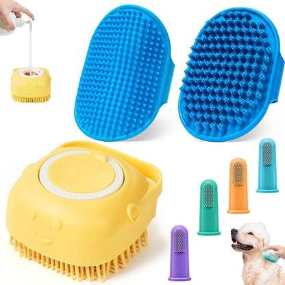 4PCS Dog Bath Brush – Soft Silicone Pet Grooming & Shampoo Scrubber for Dogs and Cats, Massage Brush for Bathing & Cleaning (Yellow & Blue)