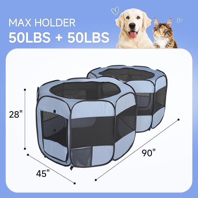 2-in-1 XLarge Pop Up Dog Playpen, 90"x45"x28"H Cat Puppy Pet Playpen, No Assembly Need, Indoor Outdoor Cats Enclosed, Cat Tent Crate Cage Kennel, Portable Playpen for Kitten and Small Animals(L)