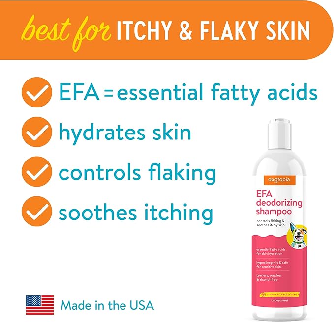 Essential Fatty Acid (EFA) Deodorizing Shampoo for Dogs and Pets (12oz) – Cherry Blossom Scent | Soothing Shampoo Rich with Moisturizing Emollients | Tearless, Soapless & Alcohol-Free