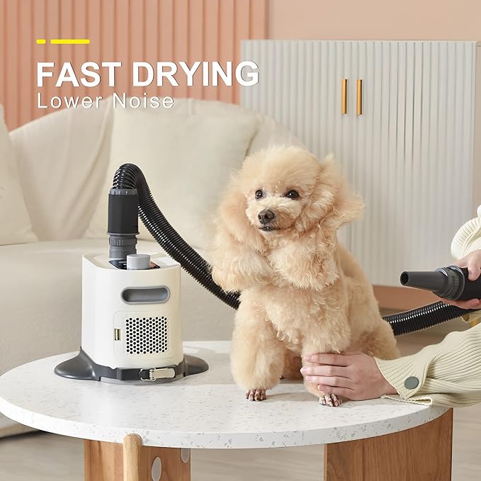 Free Hands Easy pet Grooming Dryer for Cats and Dogs & Drying Tool After Bath LCD Display 2 Soft＆Hard Blowpipe Adjustable Temperature and Speed Quiet