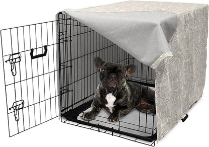 Lunarable Cream Dog Crate Cover, Oriental Motifs with Antique Damask Inspired Design Retro Revival Swirls, Easy to Use Pet Kennel Cover for Cats & Medium Dogs, 24 Inch, Beige White