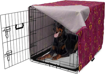 Lunarable Folkloric Dog Crate Cover, Cultural Inspirations Oriental Party Celebration Art Traditional Design, Easy to Use Pet Kennel Cover for Medium Large Dogs, 42 Inch, Magenta and Yellow